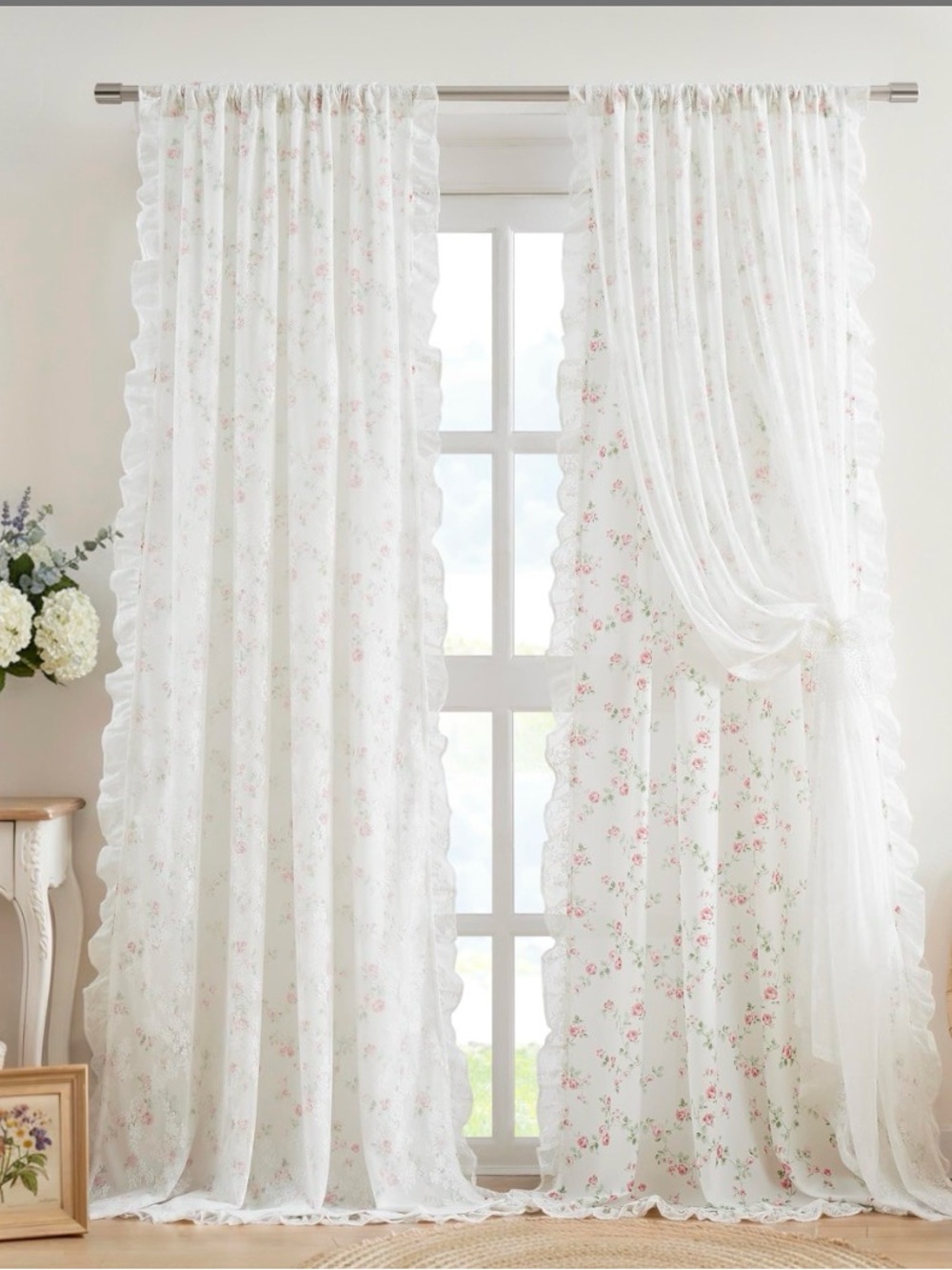 Elegant White Floral Ruffled Sheer Curtains - Home Accents Size W52x84Long Inchs